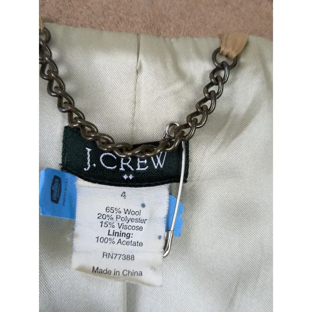 Y2K J Crew Wool OverCoat Womens Sz 4 Tan Camel Lined Winter‎ Jacket Hood Collar